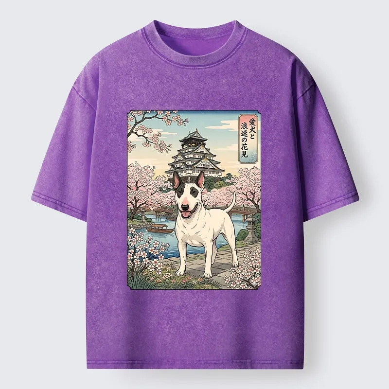 Tokyo-Tiger Ukiyo-e Bull Terrier Cherry Blossom Art Washed T-Shirt