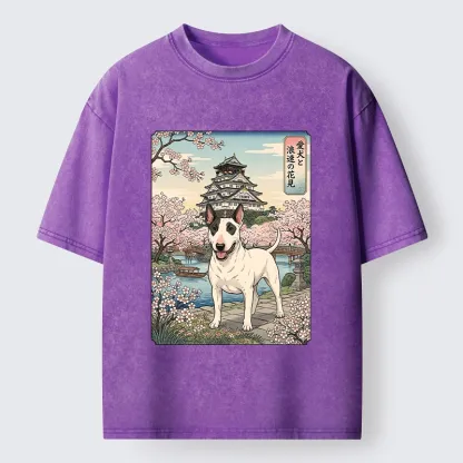 Tokyo-Tiger Ukiyo-e Bull Terrier Cherry Blossom Art Washed T-Shirt