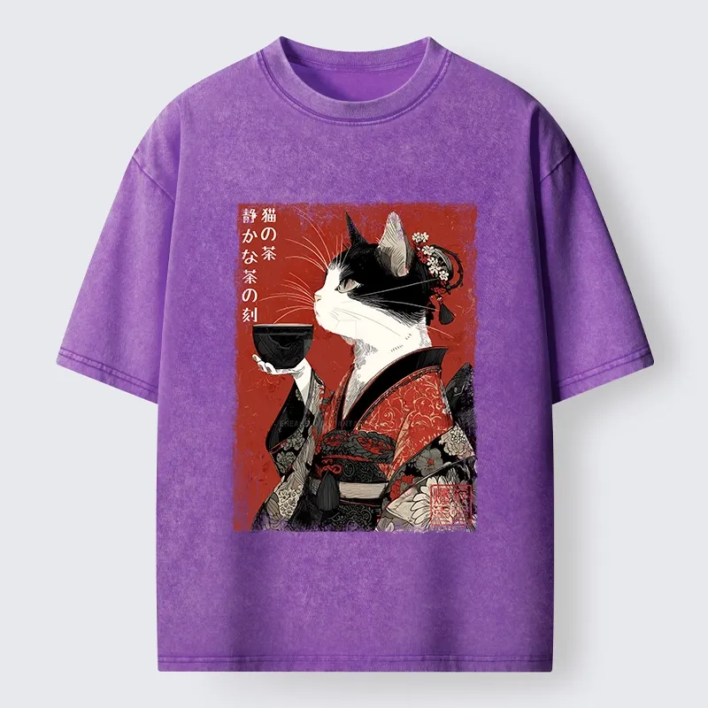 Tokyo-Tiger Kimono Tea Cat Red Vintage Ink Art Washed T-Shirt