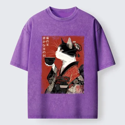 Tokyo-Tiger Kimono Tea Cat Red Vintage Ink Art Washed T-Shirt