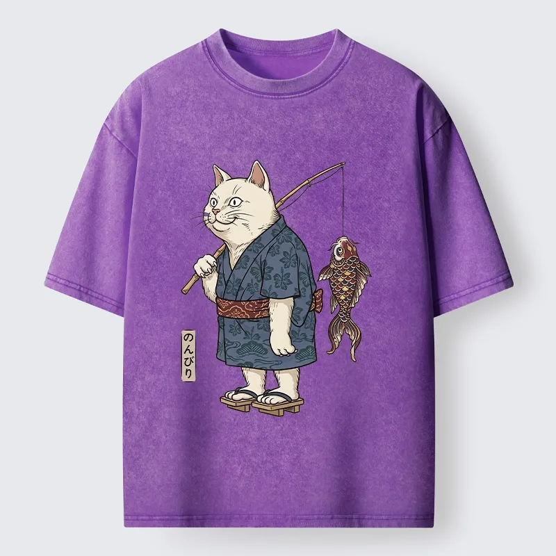 Tokyo-Tiger Kimono Cat Fishing Koi Fish Art Washed T-Shirt