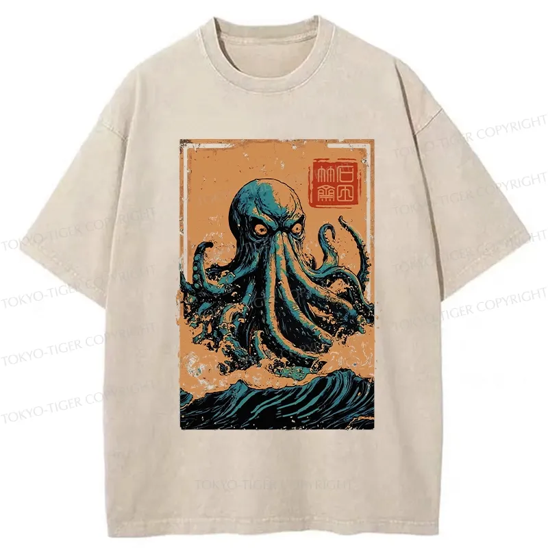 Tokyo-Tiger The Great Wave Off Octopus Washed T-Shirt