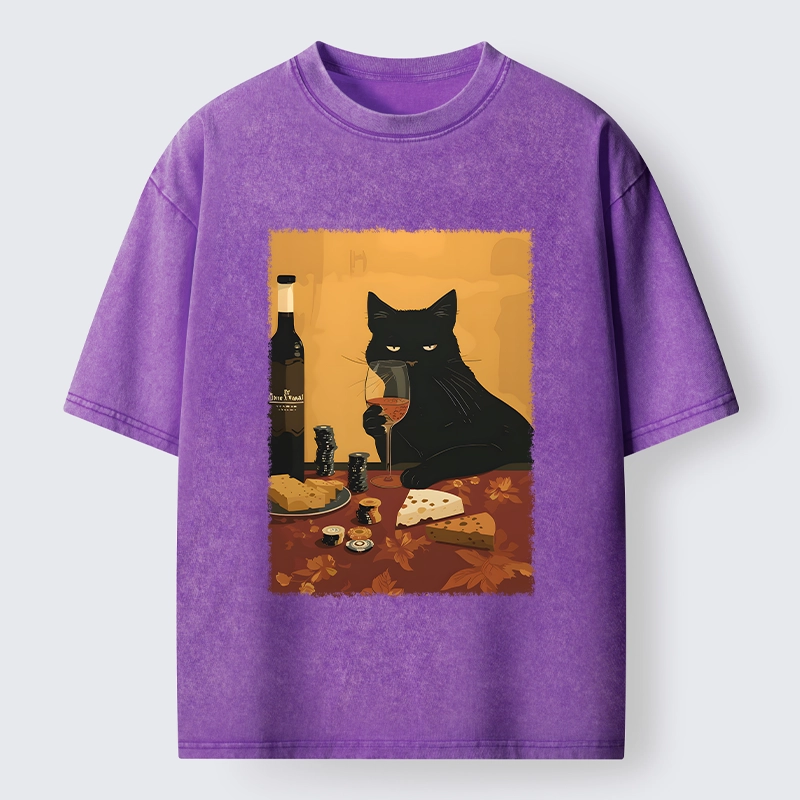 Tokyo-Tiger Chill Black Cat Wine Cheese Art Washed T-Shirt