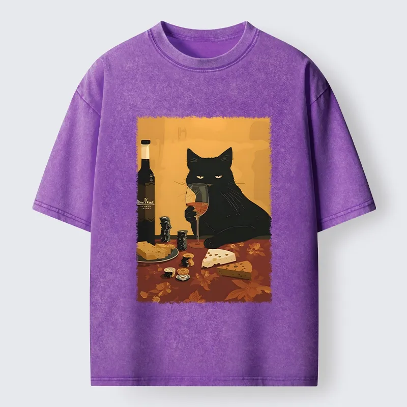 Tokyo-Tiger Chill Black Cat Wine Cheese Art Washed T-Shirt