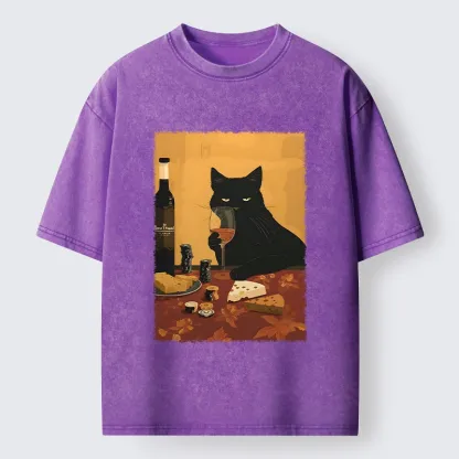 Tokyo-Tiger Chill Black Cat Wine Cheese Art Washed T-Shirt
