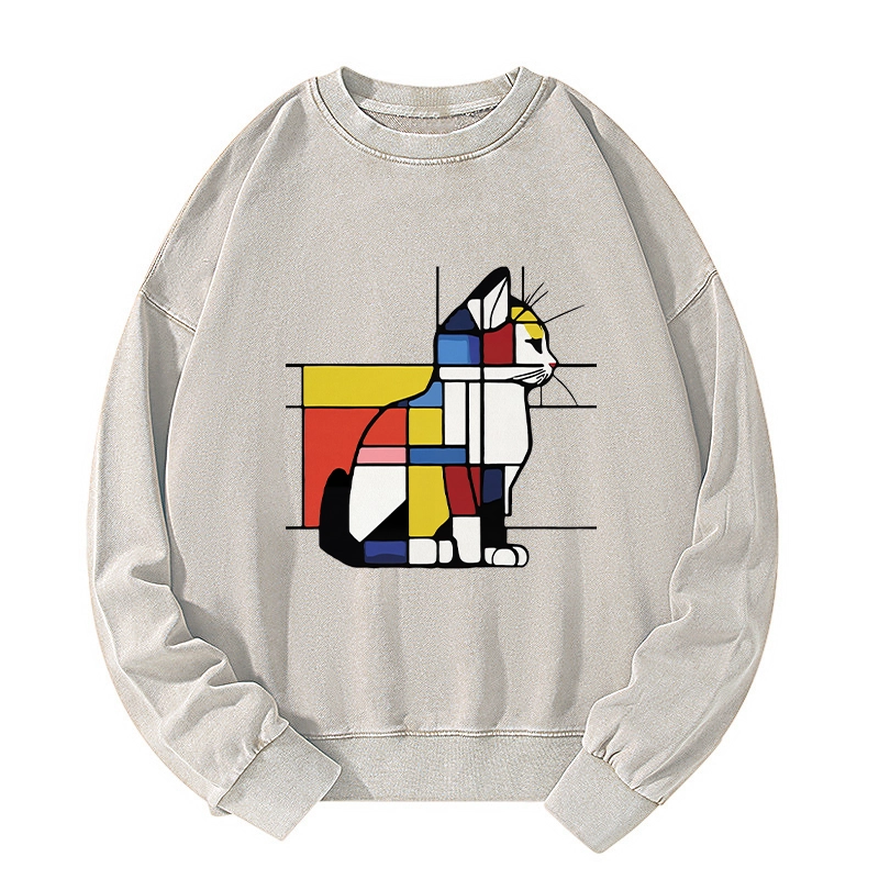 Tokyo-Tiger Geometric Cat Art In Primary Colors Washed Sweatshirt