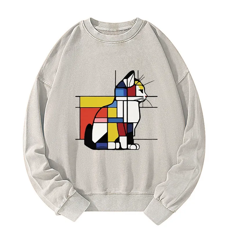 Tokyo-Tiger Geometric Cat Art In Primary Colors Washed Sweatshirt Sale