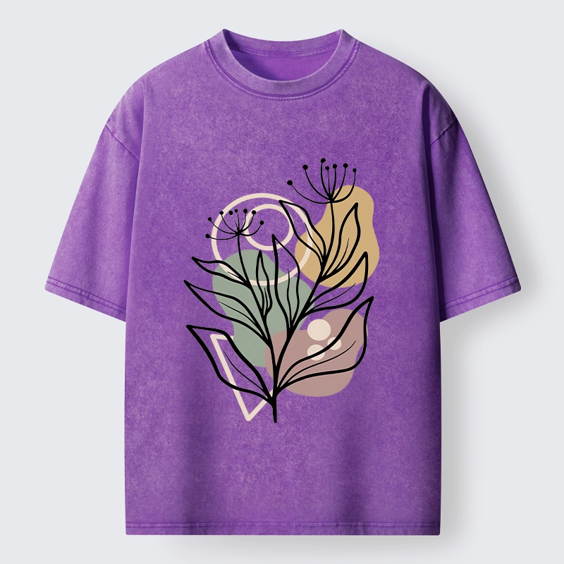 Tokyo-Tiger Soft Boho Floral Line Art Washed T-Shirt