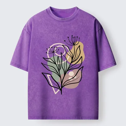 Tokyo-Tiger Soft Boho Floral Line Art Washed T-Shirt