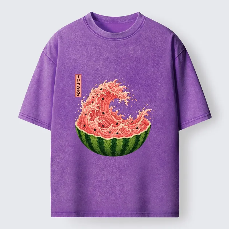 Tokyo-Tiger Watermelon Wave Summer Ukiyo Art Washed T-Shirt