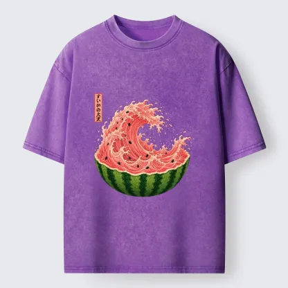Tokyo-Tiger Watermelon Wave Summer Ukiyo Art Washed T-Shirt