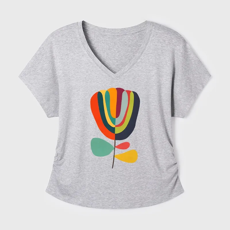 Tokyo-Tiger Colorful Flower Minimalist Print Modal Dolman Sleeve T-Shirt