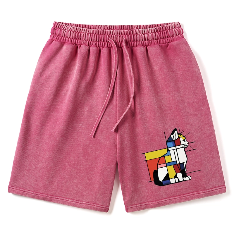 Tokyo-Tiger Geometric Cat Art In Primary Colors Washed Shorts
