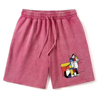 Tokyo-Tiger Geometric Cat Art In Primary Colors Washed Shorts