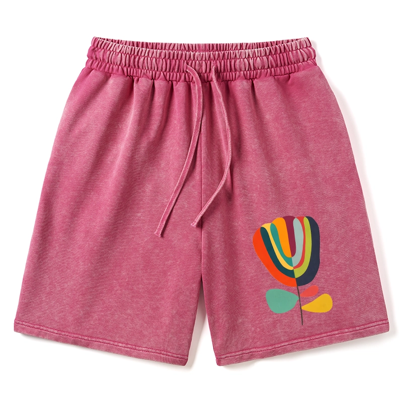 Tokyo-Tiger Colorful Flower Minimalist Print Washed Shorts