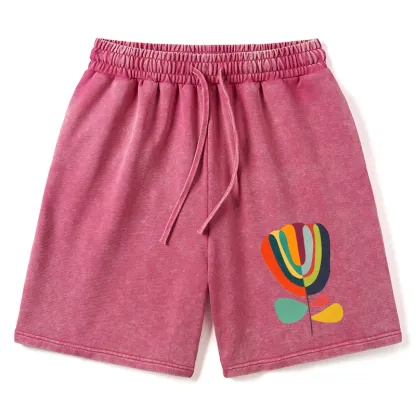 Tokyo-Tiger Colorful Flower Minimalist Print Washed Shorts