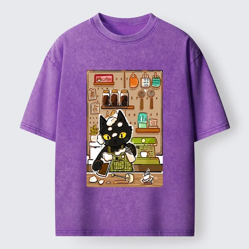 Tokyo-Tiger Black Cat Barista Makes Coffee Foam Washed T-Shirt