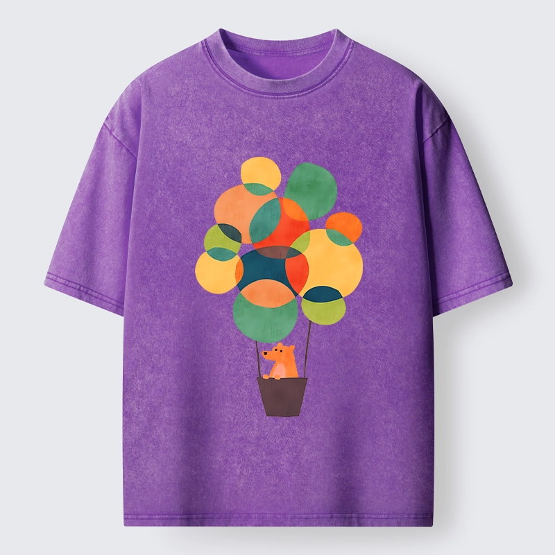 Tokyo-Tiger Bear Rides Colorful Balloon Basket Washed T-Shirt