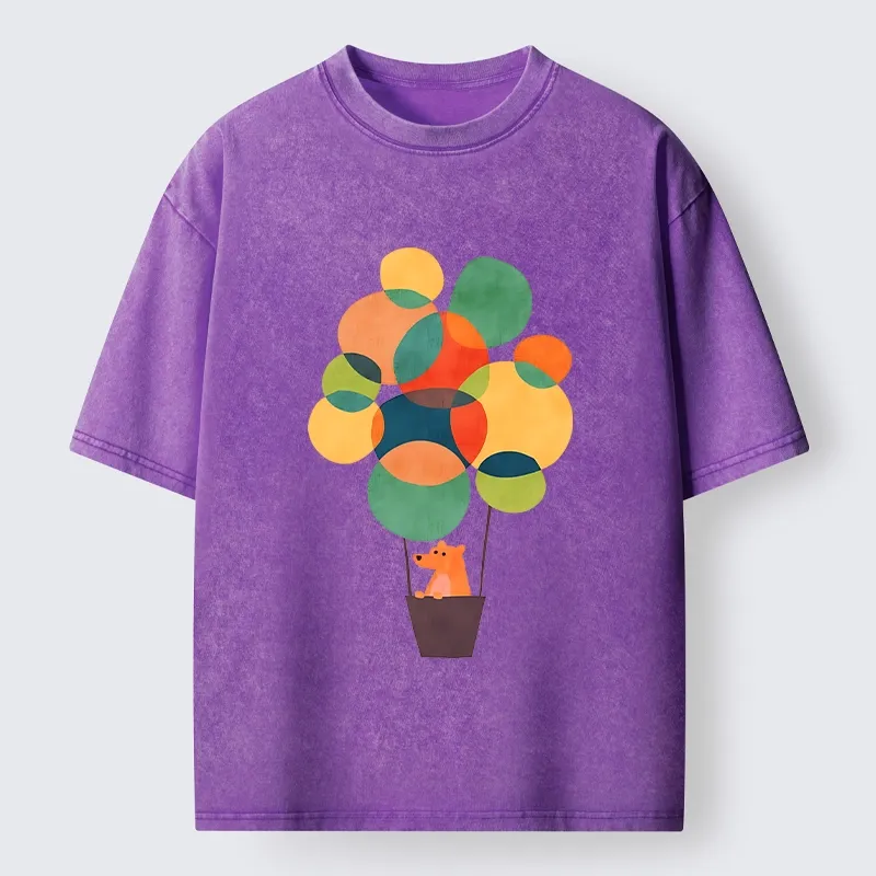 Tokyo-Tiger Bear Rides Colorful Balloon Basket Washed T-Shirt