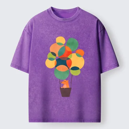 Tokyo-Tiger Bear Rides Colorful Balloon Basket Washed T-Shirt