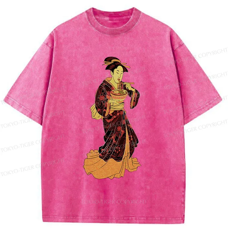 Tokyo-Tiger Geisha Eating Ramen Washed T-Shirt