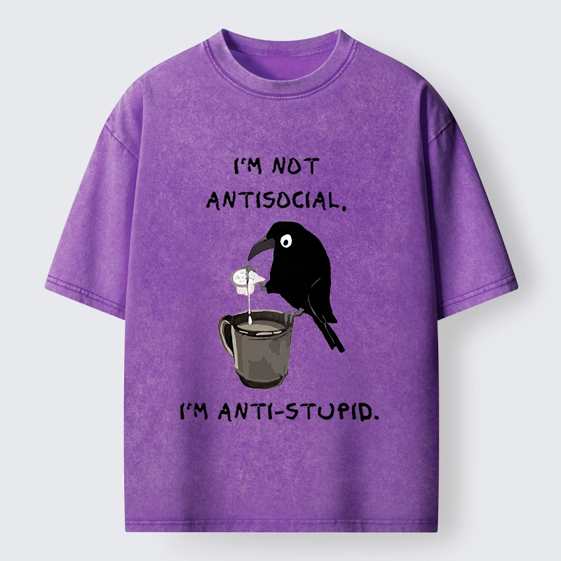 Tokyo-Tiger Cool Crow Sips Calm Coffee Alone Washed T-Shirt