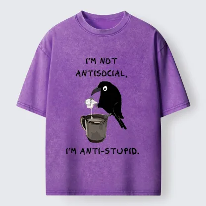 Tokyo-Tiger Cool Crow Sips Calm Coffee Alone Washed T-Shirt