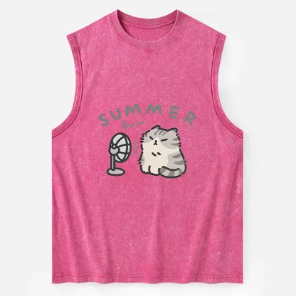 Tokyo-Tiger Summer Cat Chills With A Fan Washed Tank