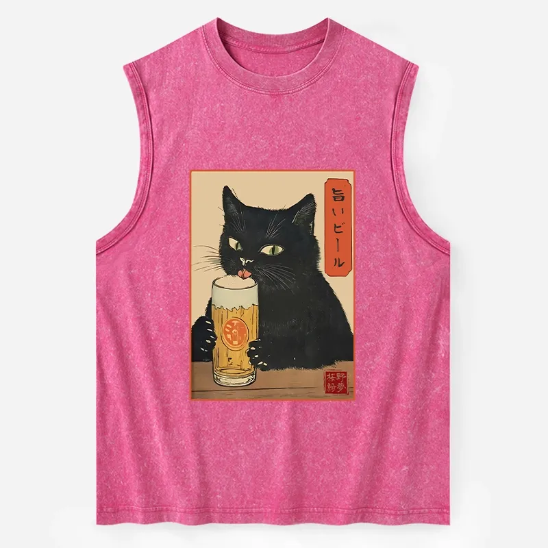 Tokyo-Tiger Cat Holding A Glass Of Beer Washed Tank Sale