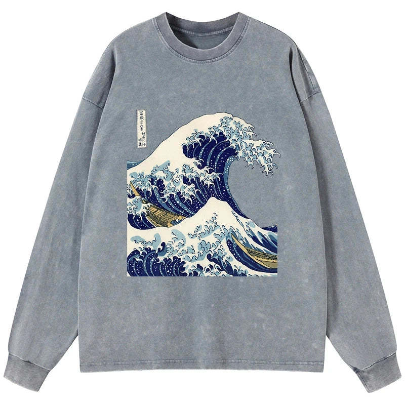 Tokyo-Tiger The Great Wave KanaGawa Washed Long Sleeve T-Shirt