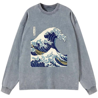 Tokyo-Tiger The Great Wave KanaGawa Washed Long Sleeve T-Shirt