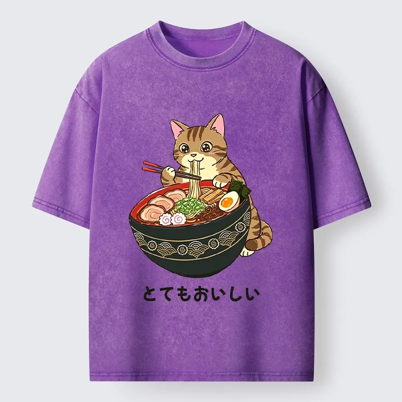 Tokyo-Tiger Cat Eat Delicious Hot Ramen Washed T-Shirt