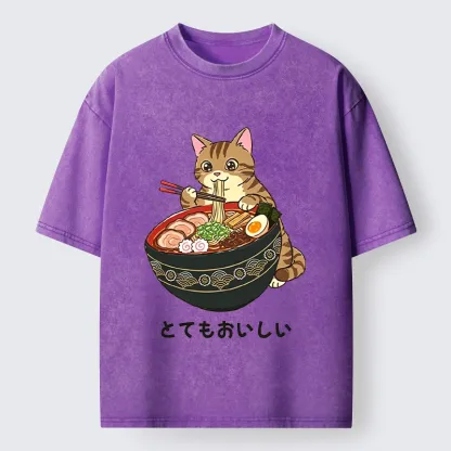 Tokyo-Tiger Cat Eat Delicious Hot Ramen Washed T-Shirt