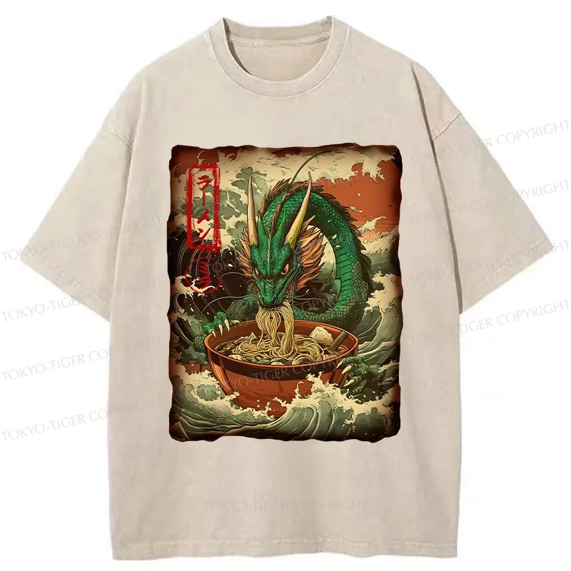 Tokyo-Tiger Ramen Lover Giant Dragon Washed T-Shirt