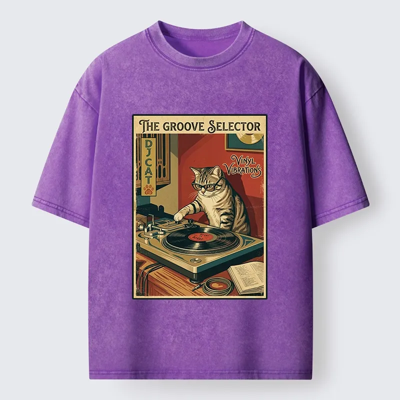 Tokyo-Tiger Retro DJ Cat Vinyl Record Art Washed T-Shirt