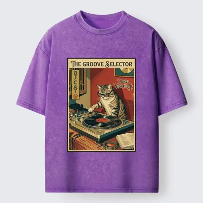 Tokyo-Tiger Retro DJ Cat Vinyl Record Art Washed T-Shirt