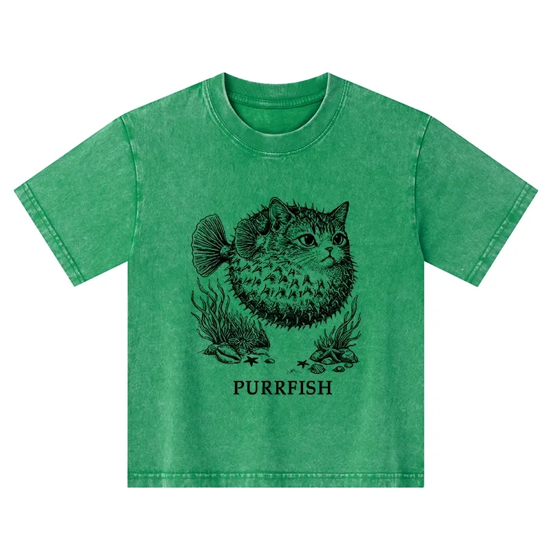 Tokyo-Tiger Spiky Puffer With Cute Cat Head Kids Washed T-Shirt