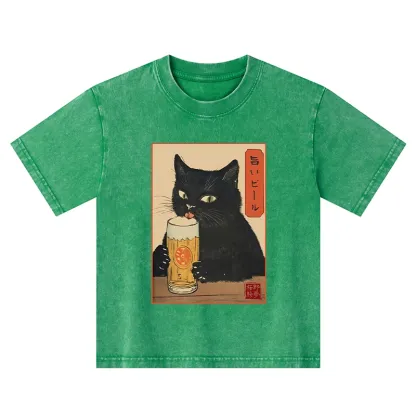 Tokyo-Tiger Cat Holding A Glass Of Beer Kids Washed T-Shirt