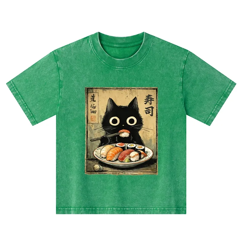 Tokyo-Tiger  Vintage Japanese Sushi Cat Kids Washed T-Shirt