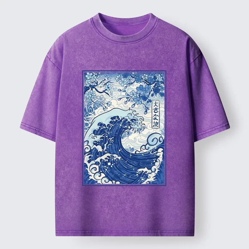 Tokyo-Tiger Vintage Japanese Wave Sakura Print Washed T-Shirt