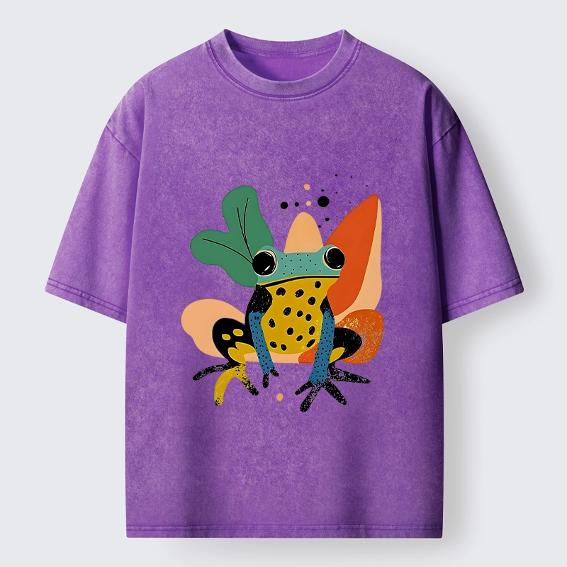 Tokyo-Tiger Vibrant Shapes Colorful Jungle Frog Tee Washed T-Shirt