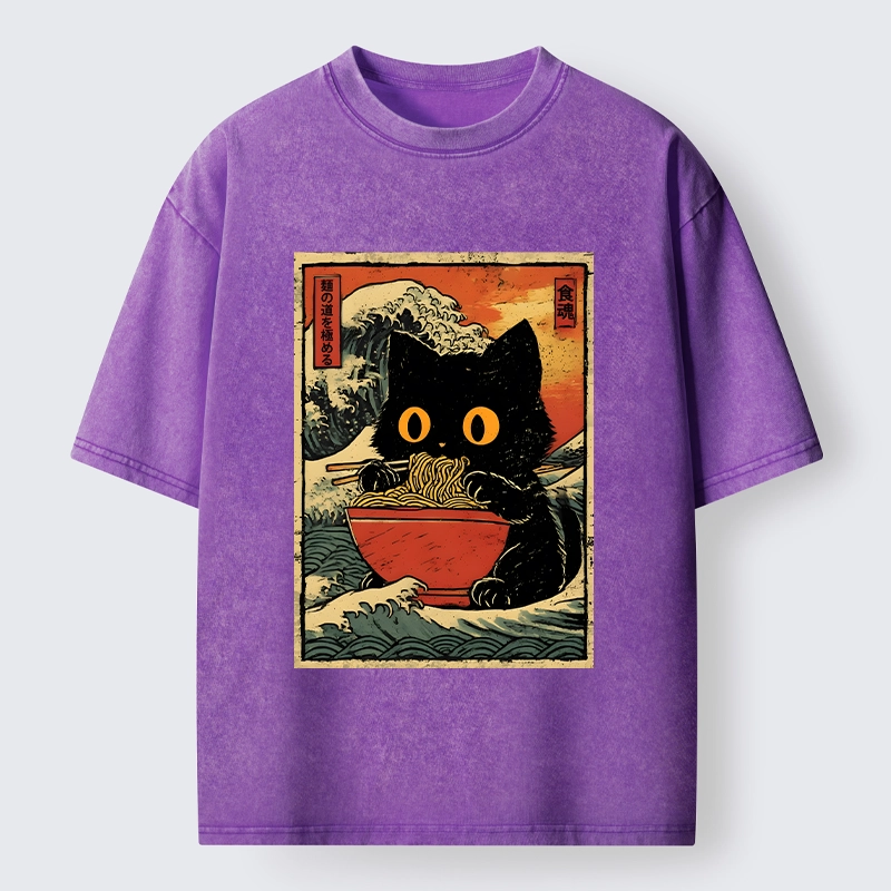 Tokyo-Tiger Cool Wave Art Cat Loves Ramen Bowl Washed T-Shirt