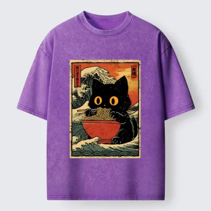 Tokyo-Tiger Cool Wave Art Cat Loves Ramen Bowl Washed T-Shirt