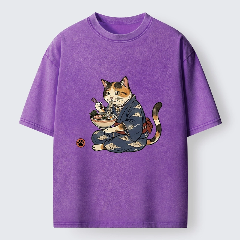 Tokyo-Tiger Traditional Japanese Cat Noodle Lover Washed T-Shirt