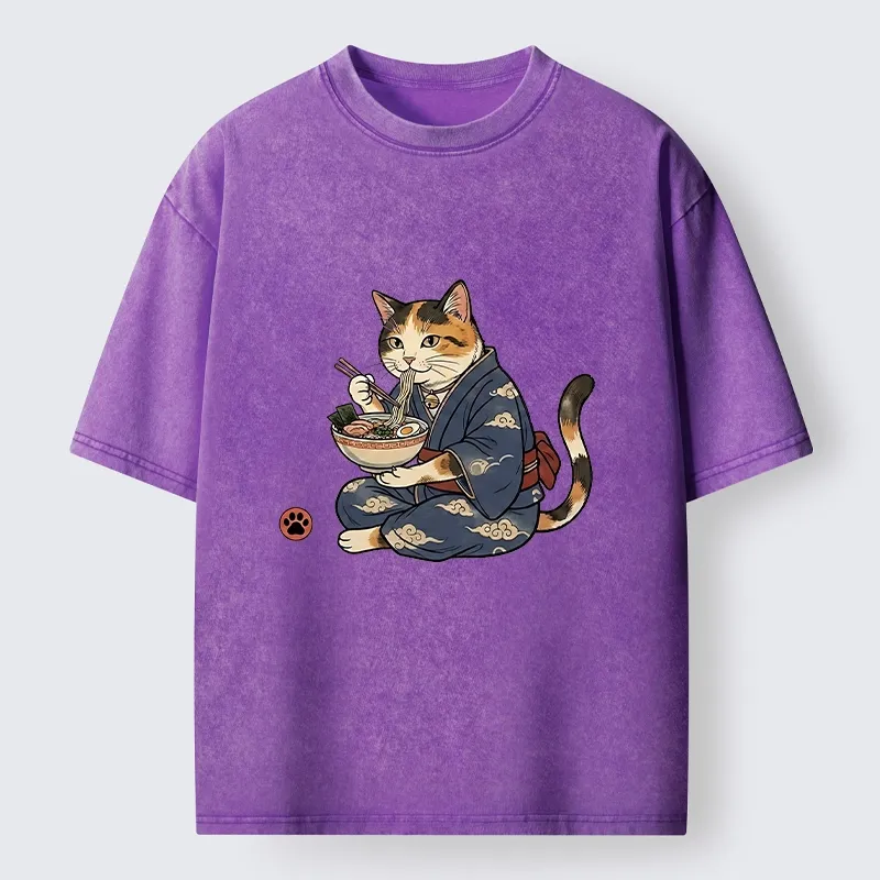 Tokyo-Tiger Traditional Japanese Cat Noodle Lover Washed T-Shirt