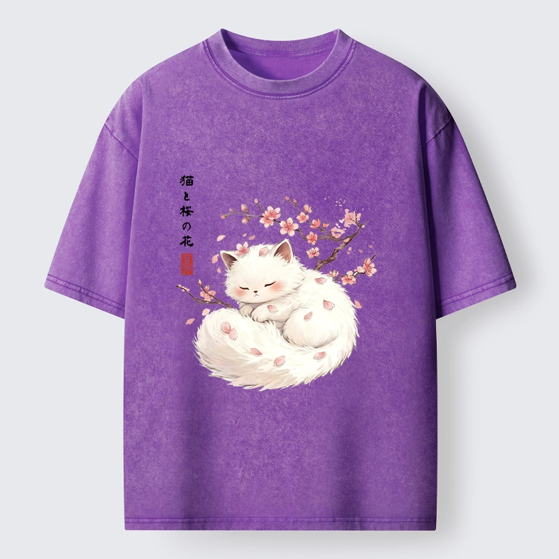 Tokyo-Tiger Soft Sakura White Cat Peaceful Sleep Washed T-Shirt