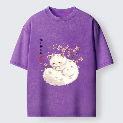 Tokyo-Tiger Soft Sakura White Cat Peaceful Sleep Washed T-Shirt