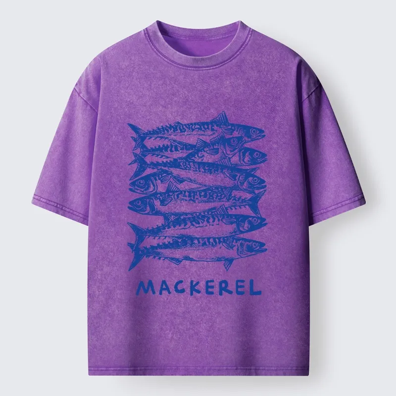 Tokyo-Tiger Retro Block Print Blue Mackerel School Washed T-Shirt