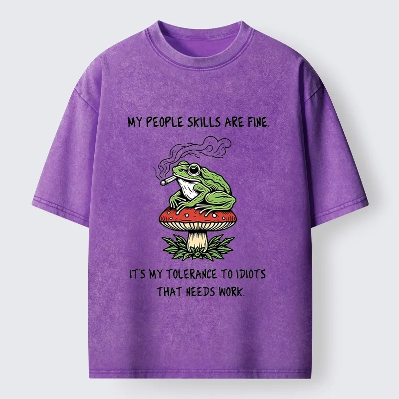 Tokyo-Tiger Relax Frog On Red Spotted Mushroom Washed T-Shirt