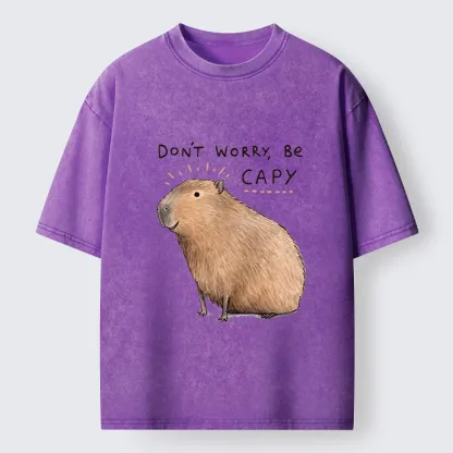 Tokyo-Tiger Calm Happy Capybara Relax Life Print Washed T-Shirt